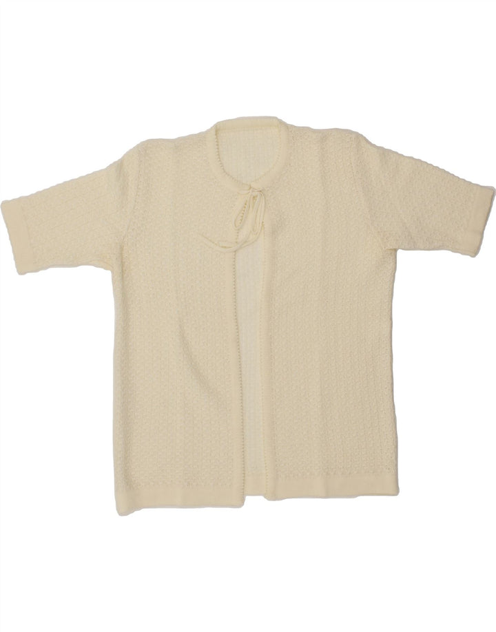 VINTAGE Womens Short Sleeve Cardigan Sweater UK 14 Medium Beige Vintage Vintage and Second-Hand Vintage from Messina Hembry 