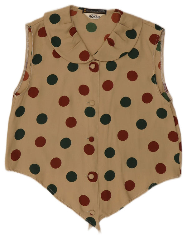 Camicetta corta senza maniche da donna vintage UK 10 media kaki maculata