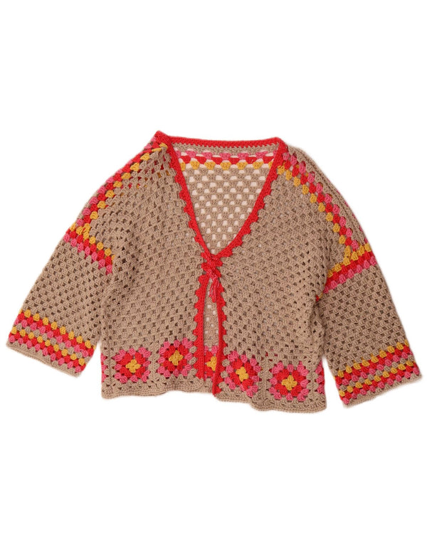 Maglione cardigan all'uncinetto con maniche a 3/4 vintage da donna UK 16 grande grigio floreale