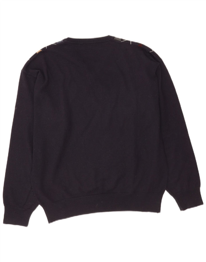 Maglione maglione vintage da uomo con scollo a V medio blu navy a rombi/lana diamante