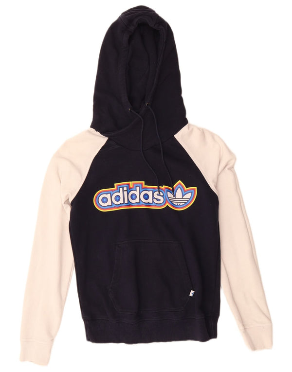 Felpa con cappuccio grafica da donna Adidas UK 10 Small Blu Navy Colourblock