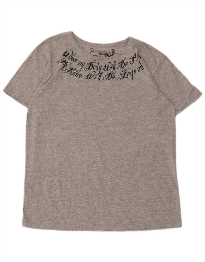 T-shirt grafica da donna vintage Top UK 14 Poliestere screziato grigio medio
