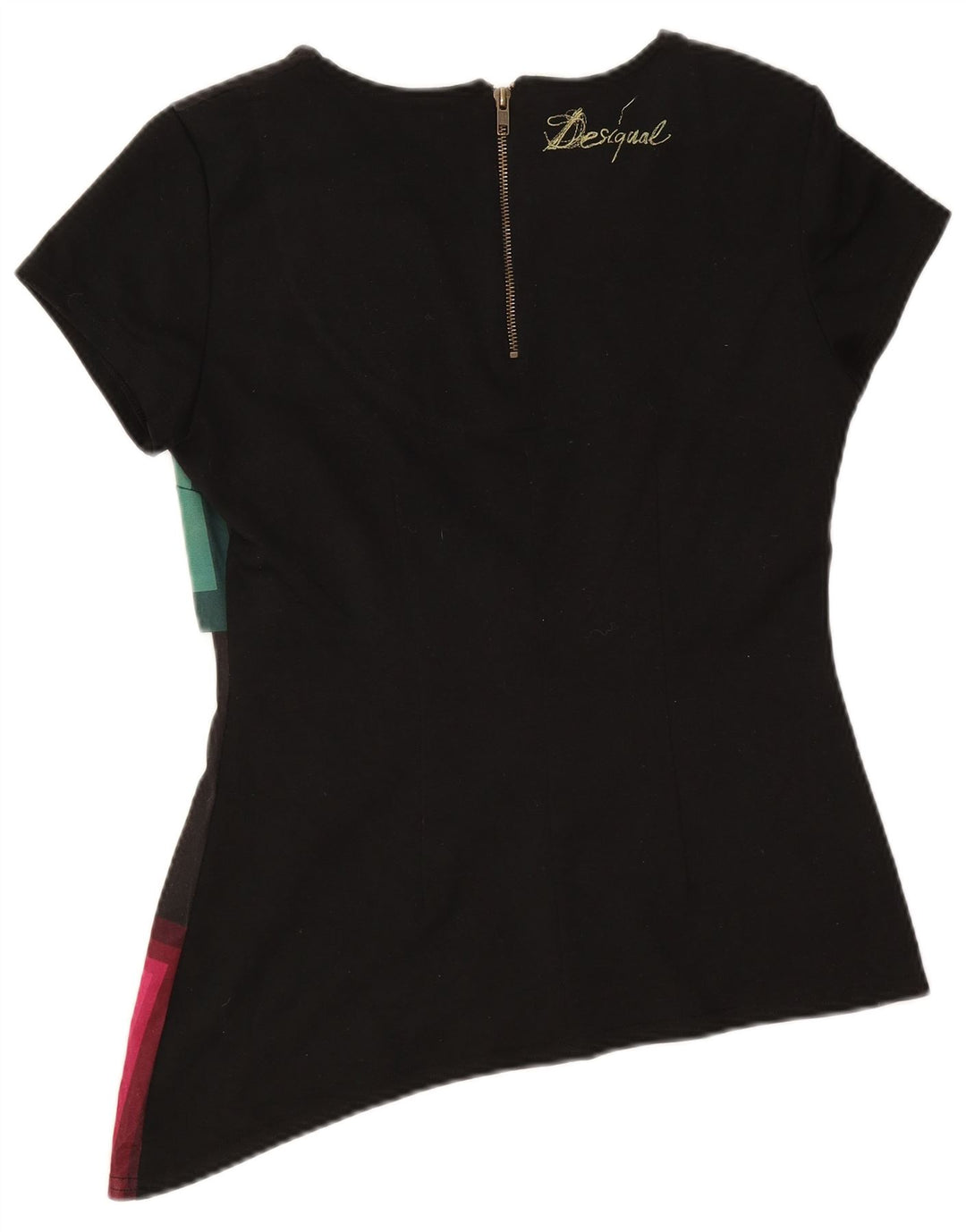 Desigual Donna Camicetta Asimmetrica Top UK 14 Grande Nero Geometrico