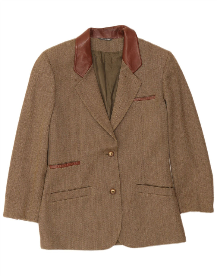 Giacca blazer vintage da donna a 2 bottoni UK 14 media kaki a spina di pesce