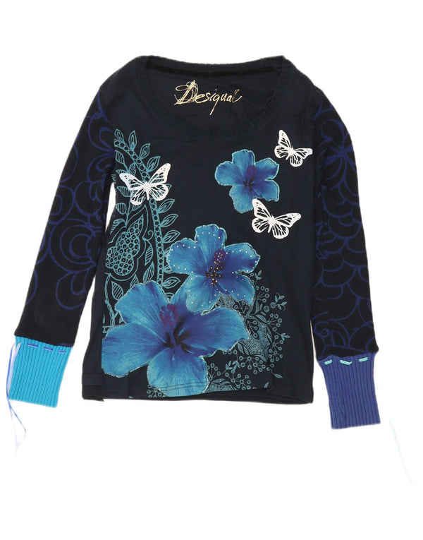 Desigual Donna Graphic Top Manica Lunga UK 12 Medio Blu Navy Farfalla