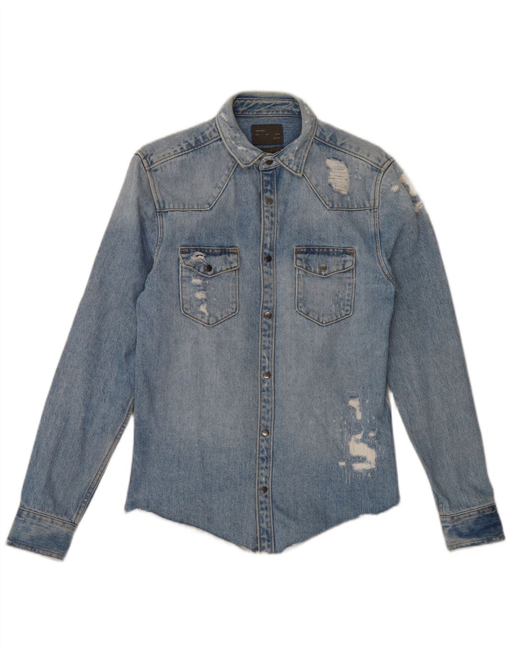 Camicia Zara da uomo in denim vestibilità regolare invecchiata piccola in cotone blu
