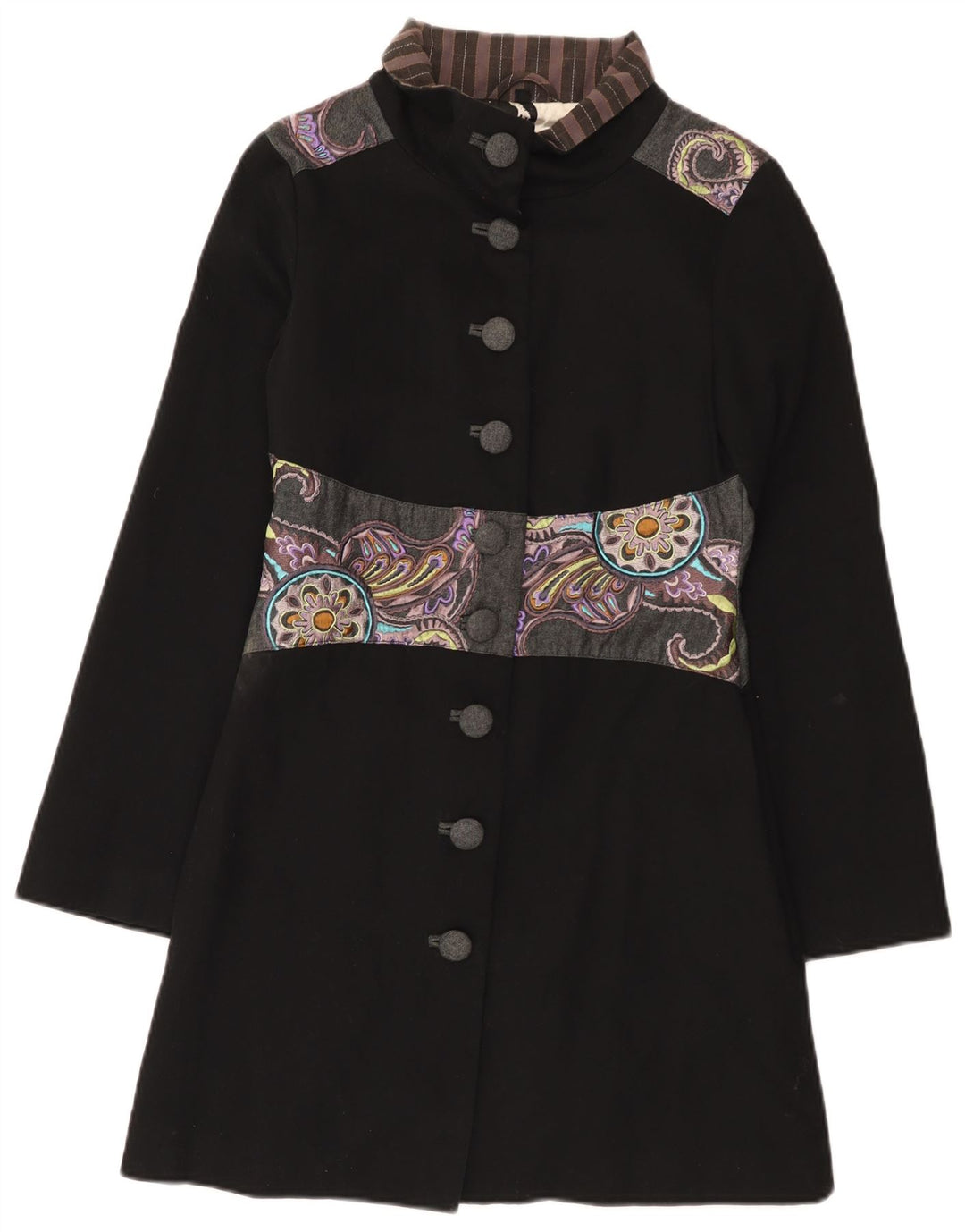 Soprabito grafico da donna vintage UK 10 piccolo cotone patchwork nero