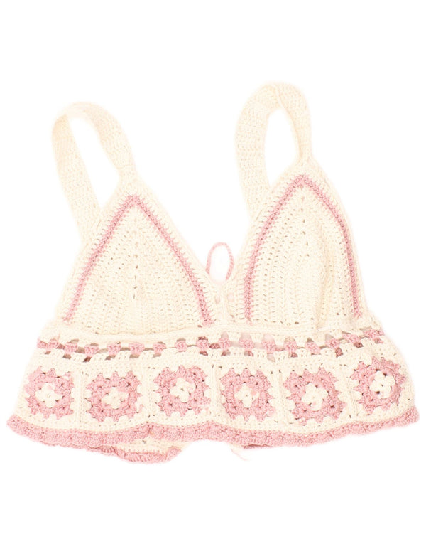 Top Corto da Donna Vintage in Crochet XS Bianco Sporco Bohemien