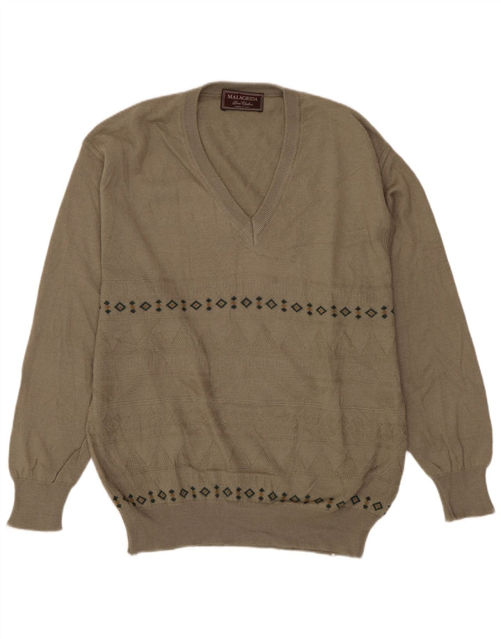 MALAGRIDA Maglione da uomo con scollo a V in lana geometrica grigio medio