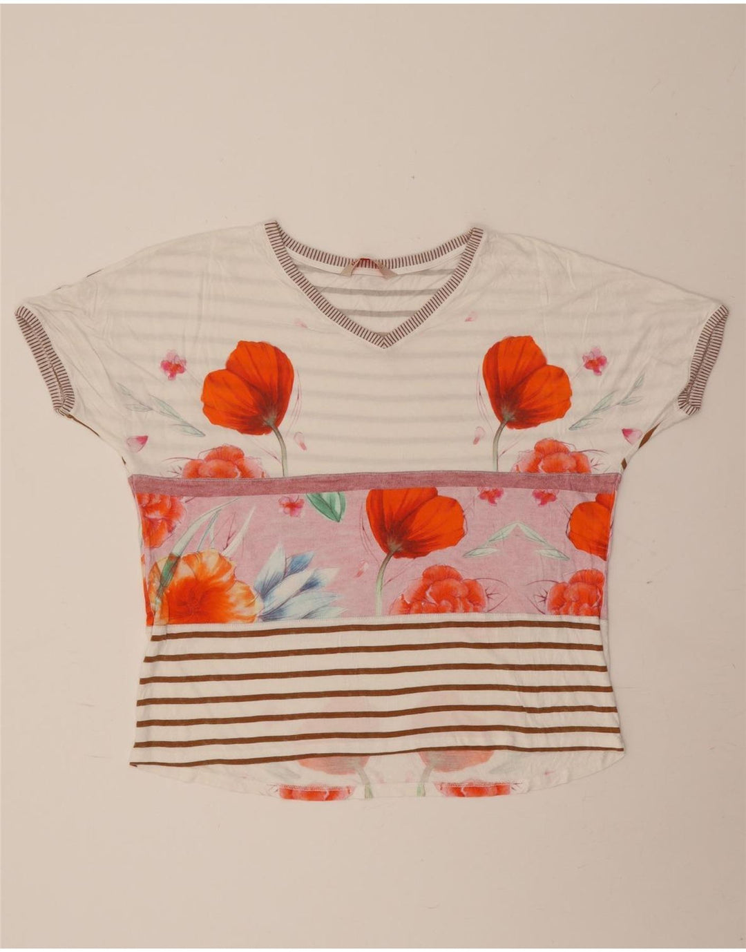 Desigual T-shirt da donna Top UK 16 grande bianco sporco floreale