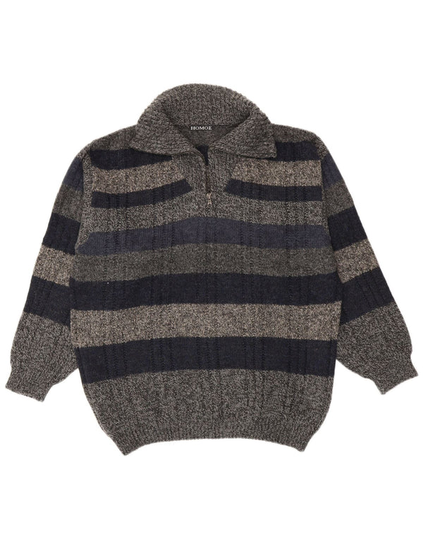 Maglione vintage da uomo con zip e collo XL in lana a righe blu navy