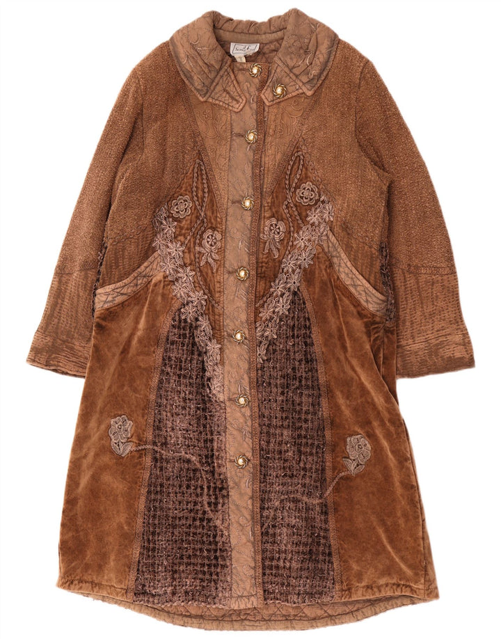 Soprabito da donna UK 16 grande cotone patchwork marrone