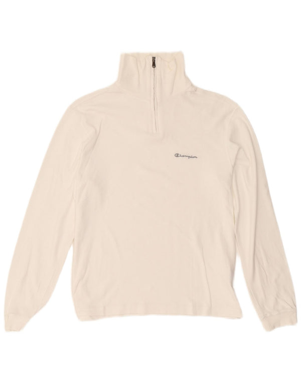 Top da donna con zip e collo Champion, manica lunga, UK 14, cotone bianco medio