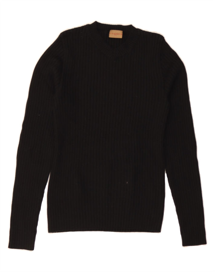 RICHMOND Womens Graphic V-Neck Jumper Sweater IT 46 Large Black Wool Vintage Richmond and Second-Hand Richmond from Messina Hembry 