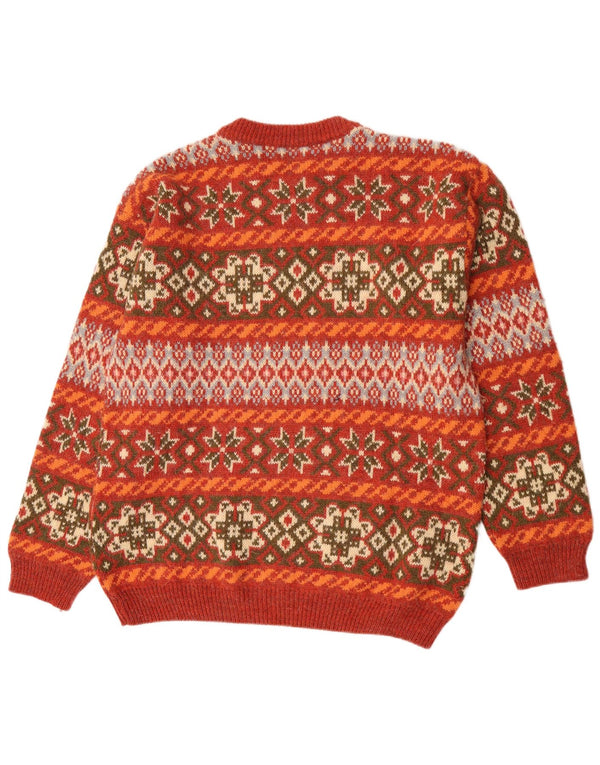 Maglione girocollo da uomo vintage in lana di alpaca XL arancione Fair Isle