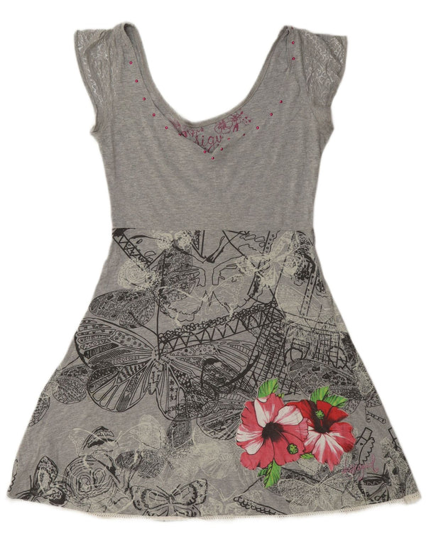 Desigual Womens Graphic A-Line Dress UK 14 Large Grey Floral Cotton