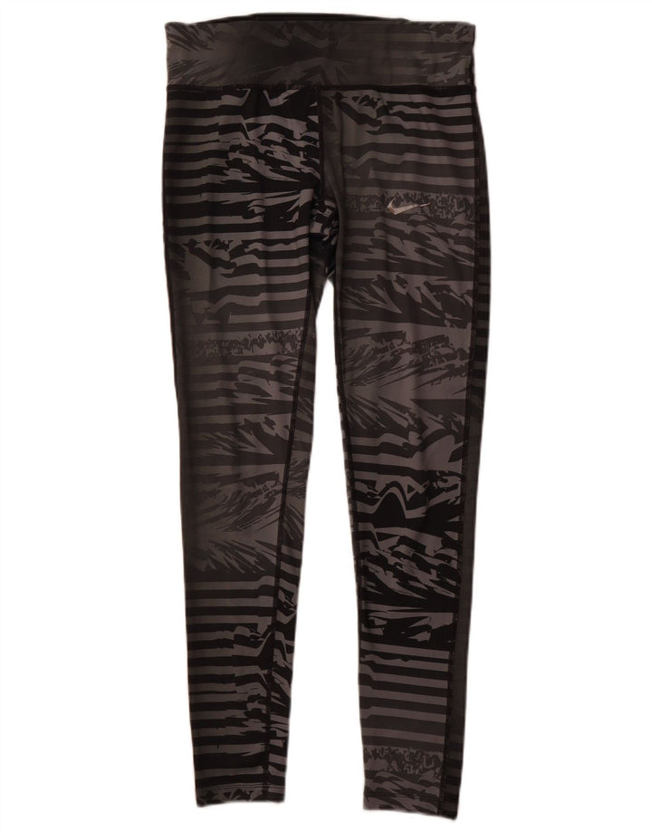 NIKE Womens Dri Fit Leggings UK 14 Medium  Grey Striped Polyester