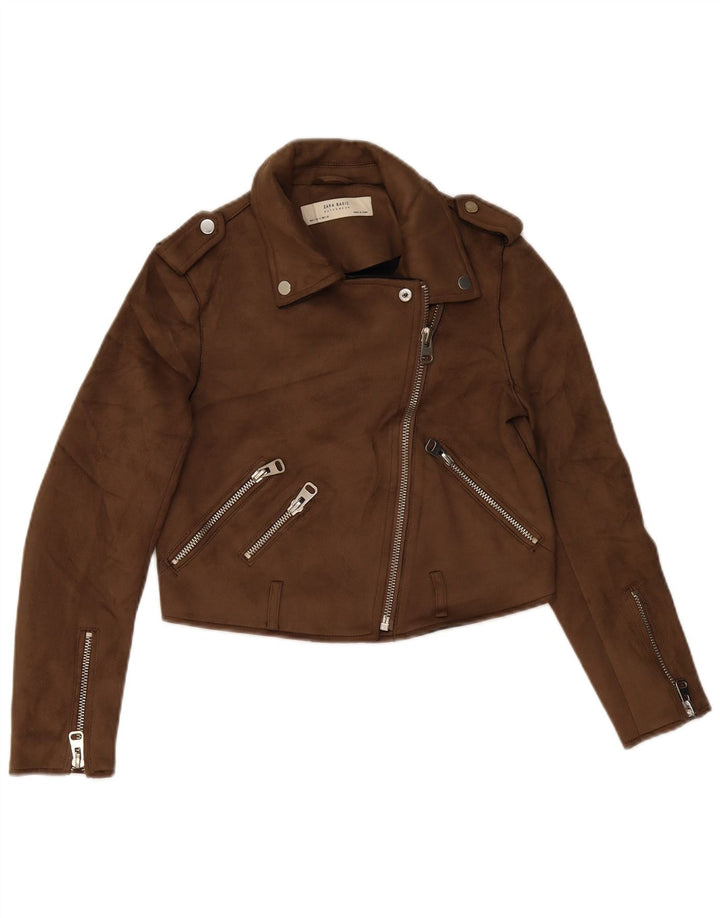 Giacca da motociclista corta in ecopelle ZARA da donna UK 10 piccola marrone poliestere
