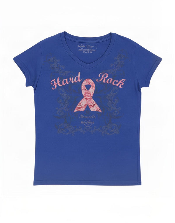 T-shirt grafica da donna Hard Rock Cafe Bruxelles Top UK 6 XS cotone blu