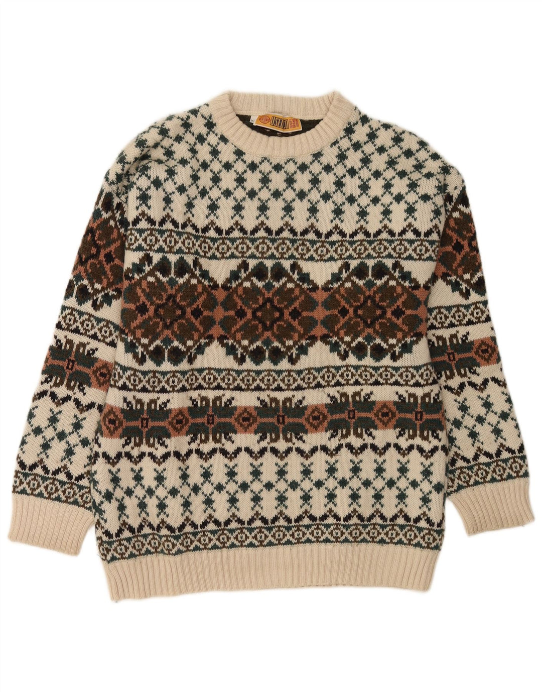 Maglione maglione girocollo da uomo vintage IT 50 lana Fair Isle bianca media