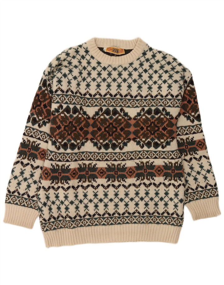 Maglione maglione girocollo da uomo vintage IT 50 lana Fair Isle bianca media