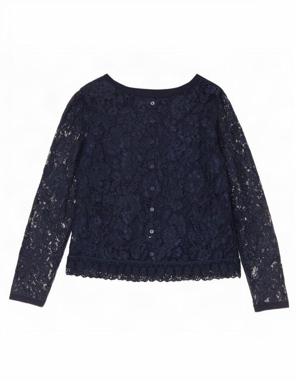 Vintage Womens Long Sleeve Lace Blouse Top EU 40 Medium Navy Blue Floral