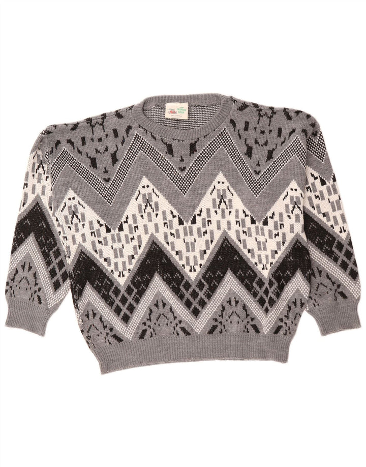 Maglione vintage da uomo con scollo a barca, grande acrilico grigio Chevron