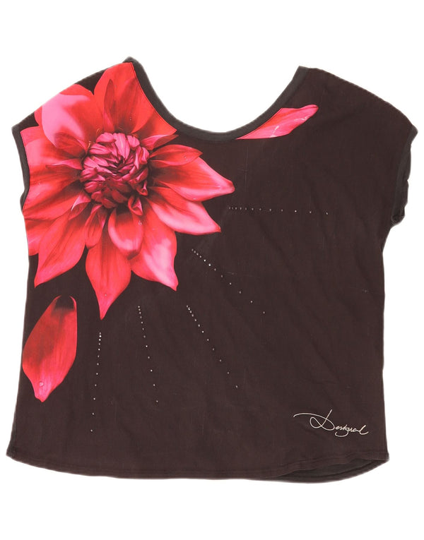 Desigual T-shirt grafica regolare da donna Top UK 14 Large Black Floral