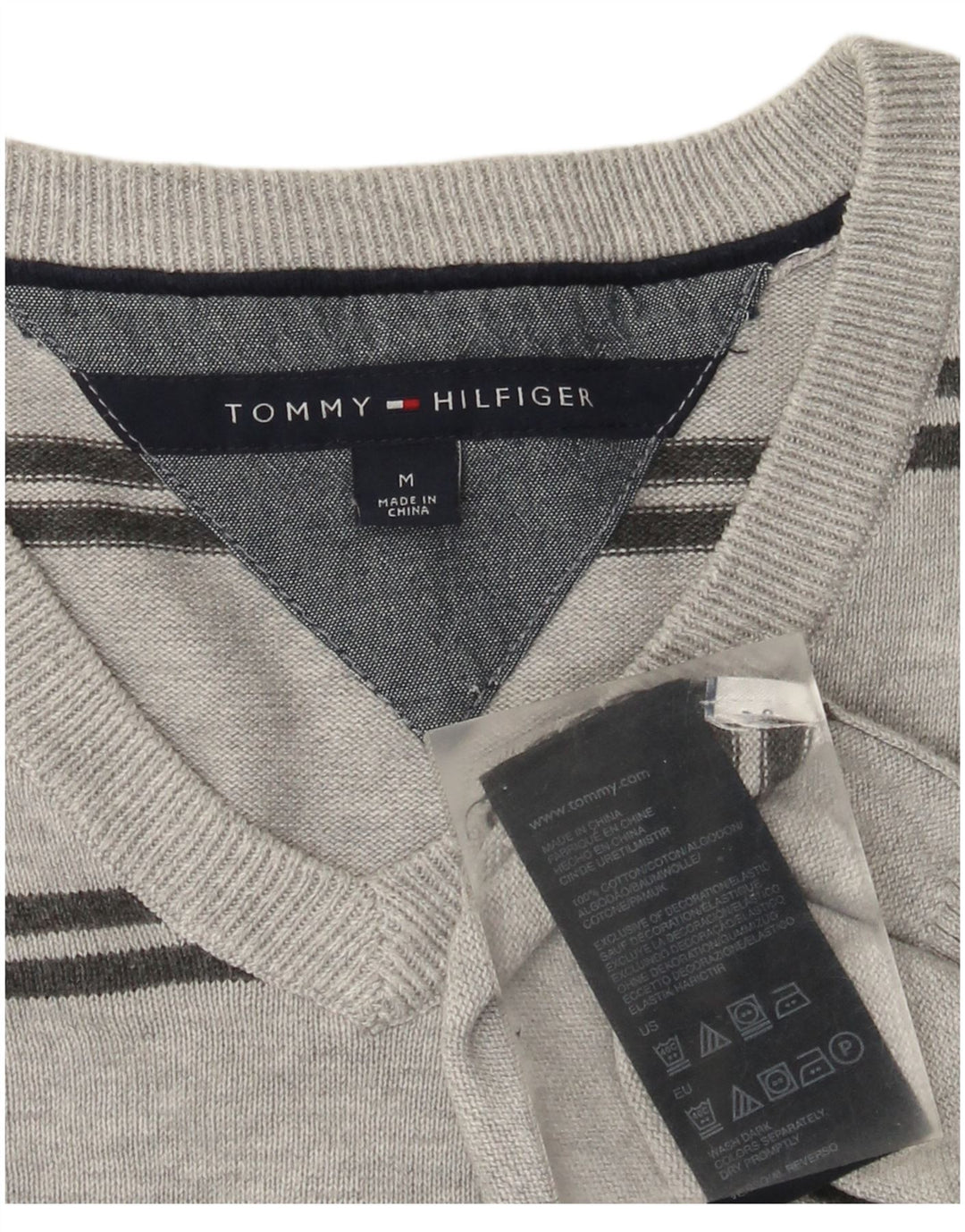 Tommy Hilfiger Uomo Maglione con scollo a V Maglione in cotone a righe grigio medio