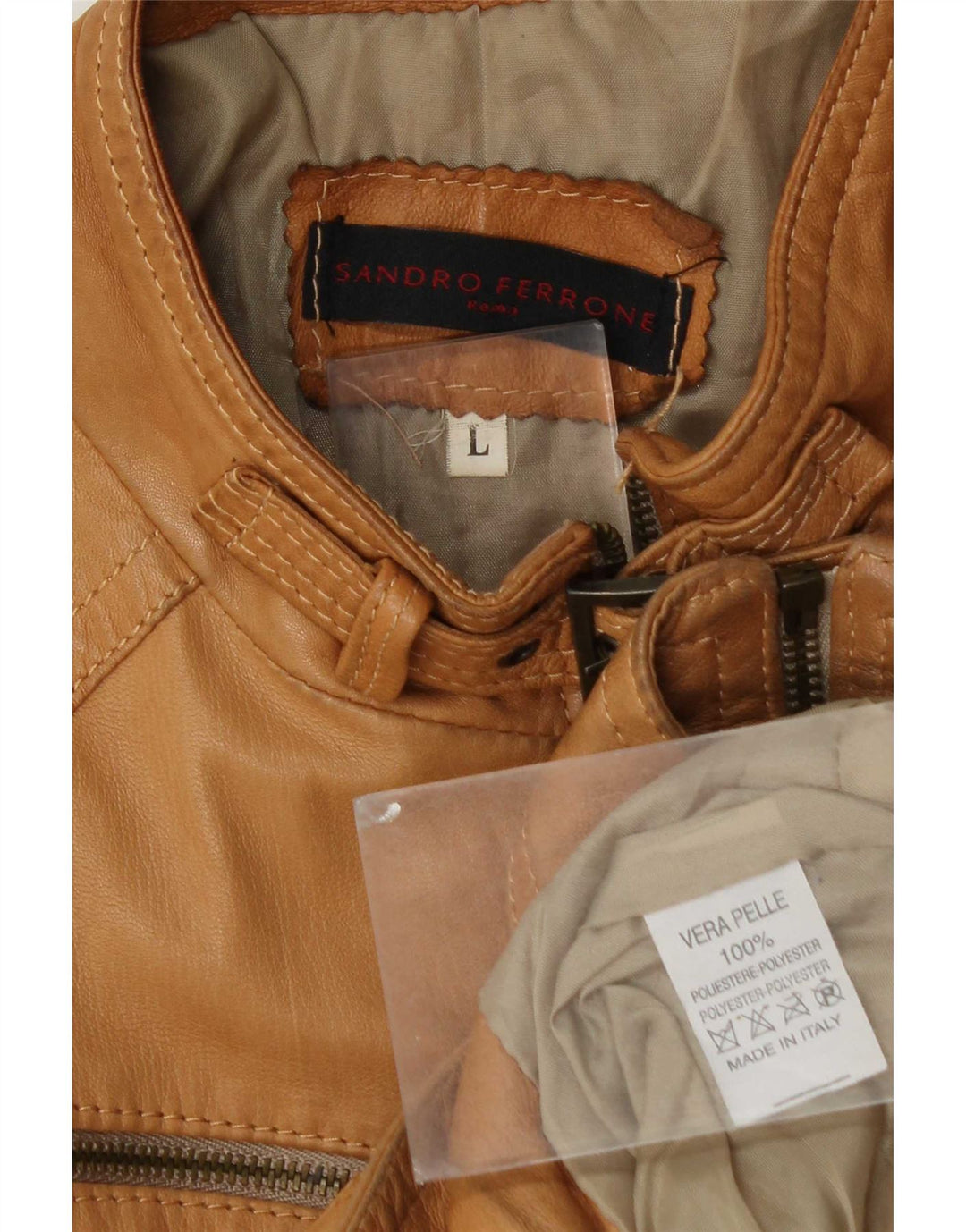Sandro Ferrone Giacca in pelle corta da donna UK 14 Grande pelle marrone