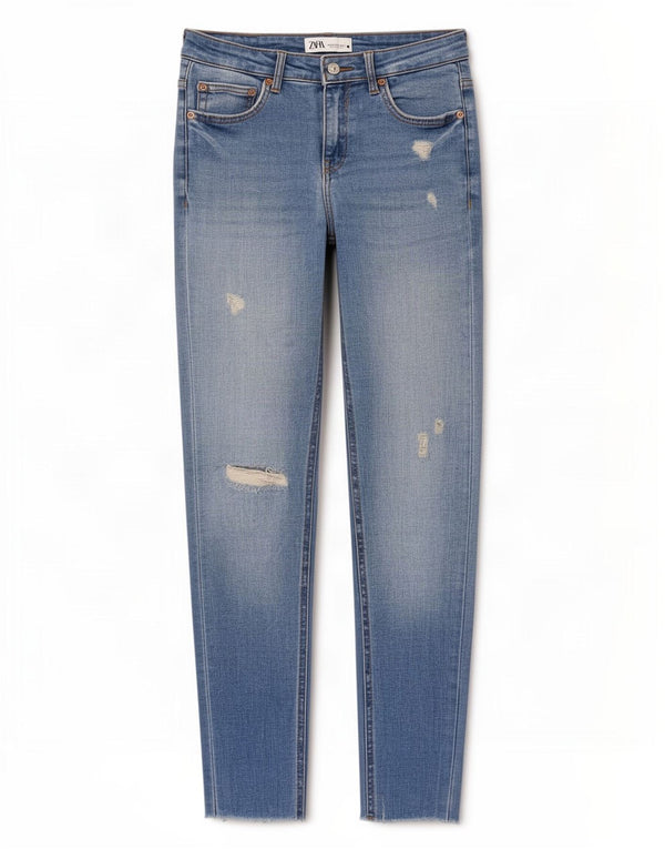 Zara Womens Distressed Crop Slim Jeans EU 38 Small W28 L25 Blue