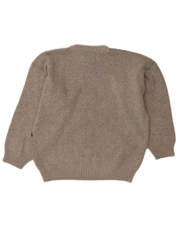 Maglione girocollo da uomo vintage in lana geometrica grigia grande