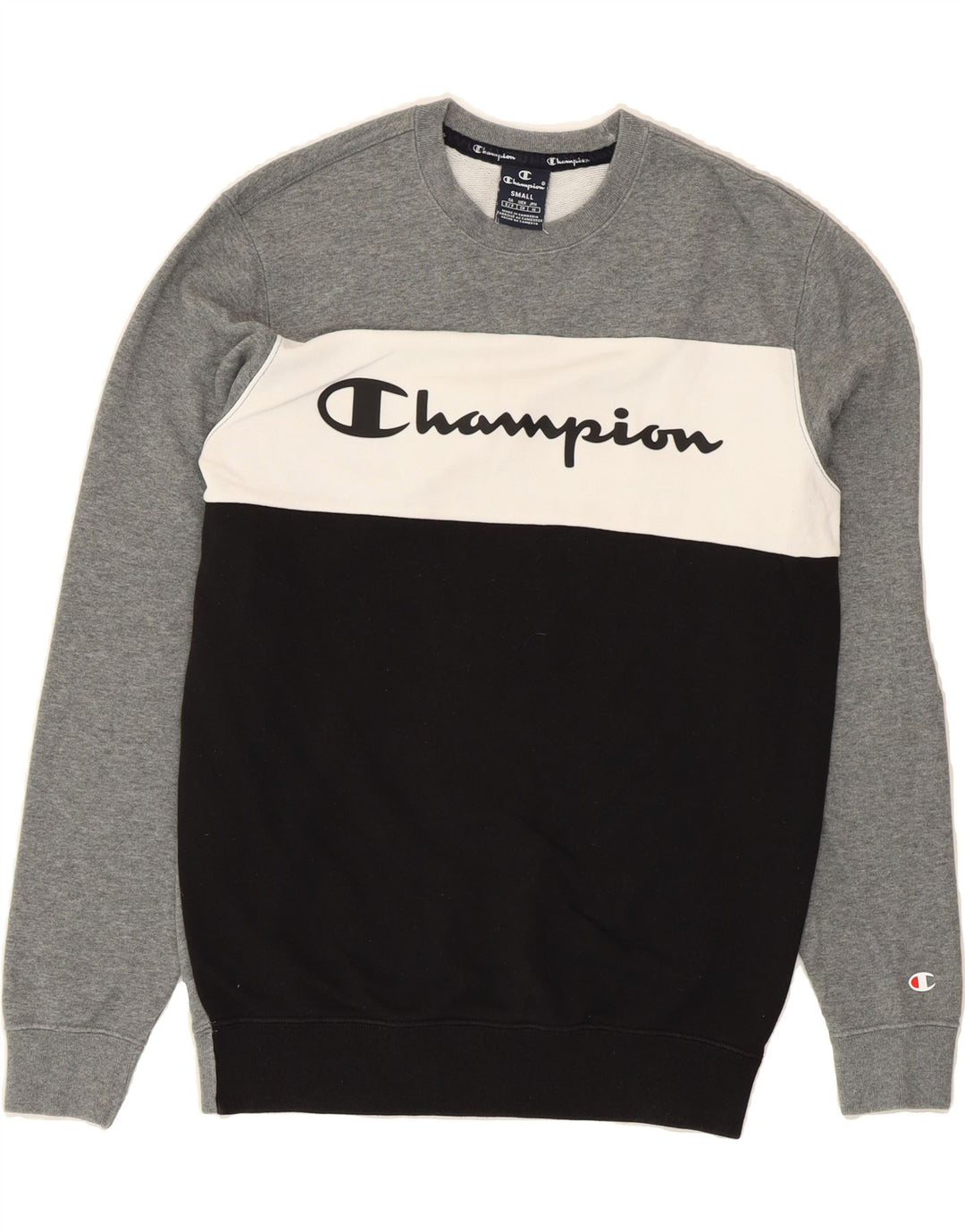 CHAMPION Mens Graphic Sweatshirt Jumper Small Grey Colourblock Cotton Vintage Champion and Second-Hand Champion from Messina Hembry 