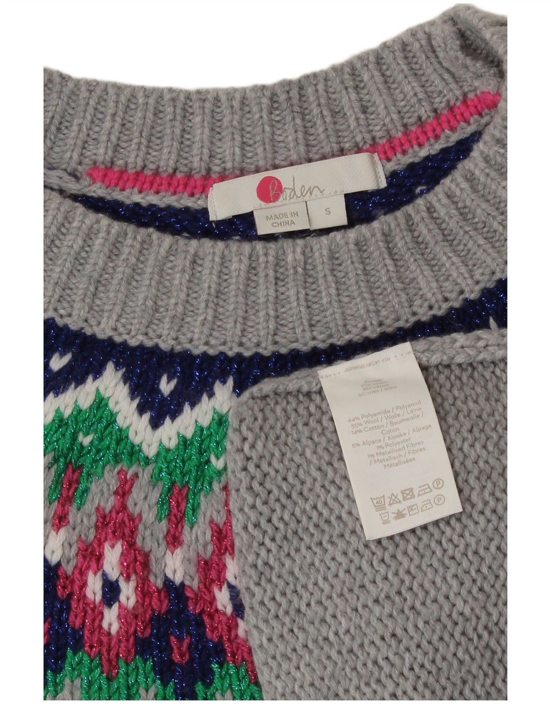 Maglione maglione girocollo da donna Boden UK 10 Small Poliammide Fair Isle grigio