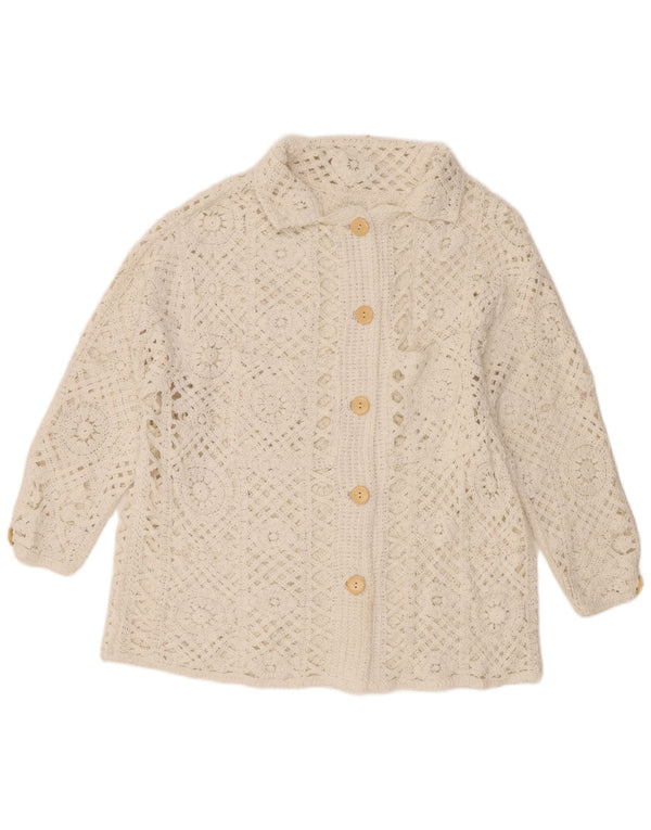 Maglione cardigan all'uncinetto con maniche a 3/4 vintage da donna UK 18 XL in cotone bianco