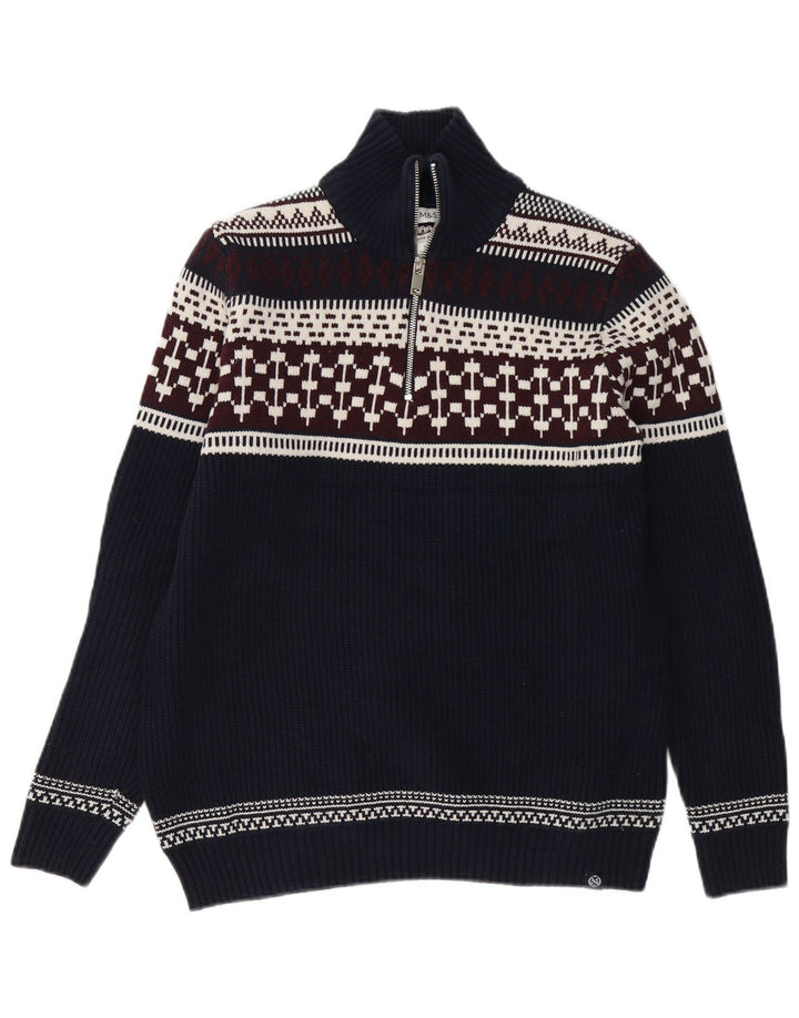 Maglione da uomo Marks & Spencer con zip sul collo, grande, blu navy, Fair Isle