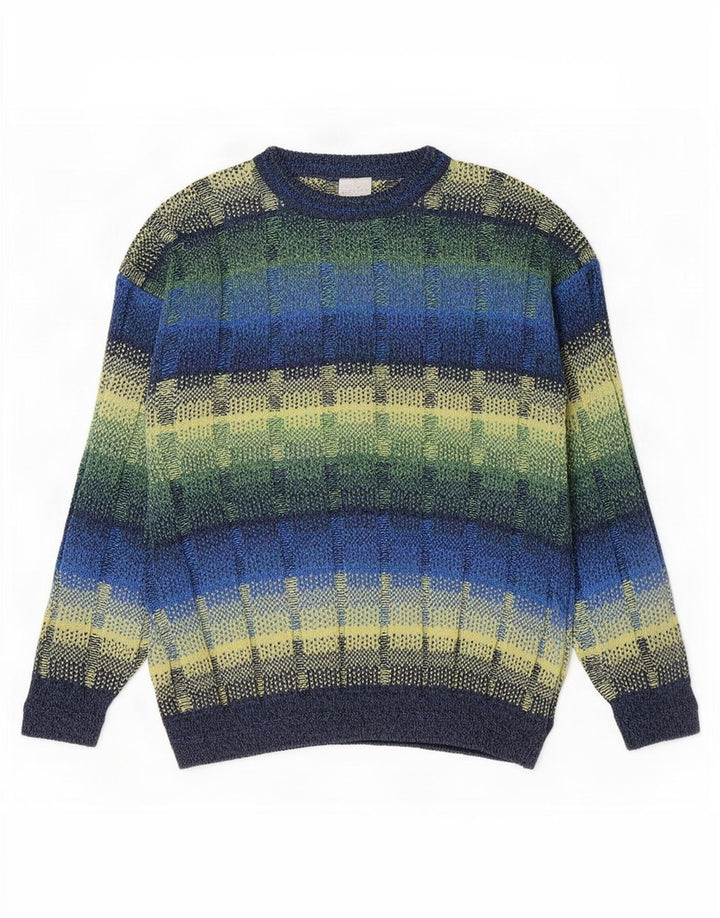 Maglione vintage da uomo girocollo IT 52 grande motivo geometrico multicolore