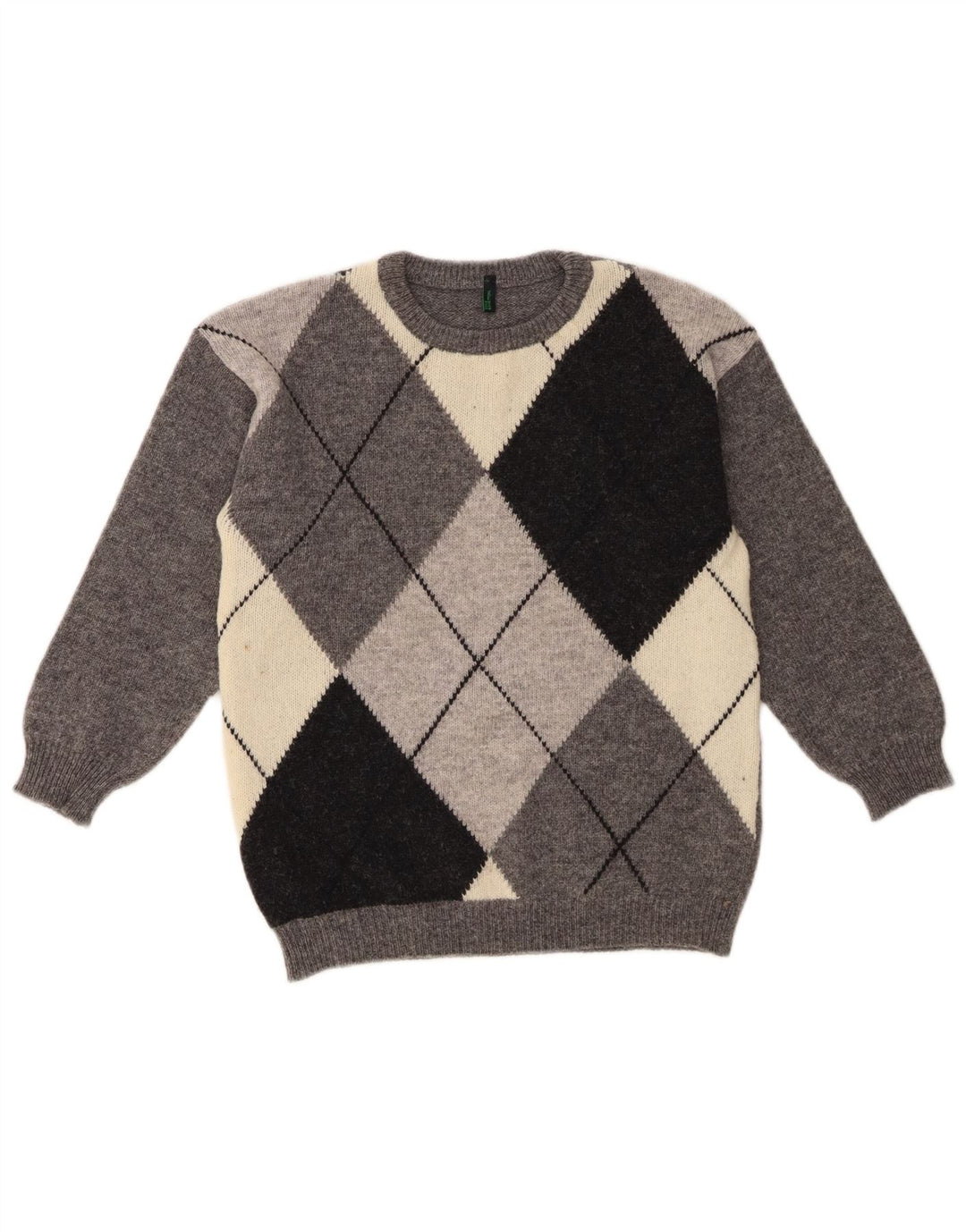 Maglione maglione girocollo da donna Benetton UK 10 piccolo grigio a rombi/diamante