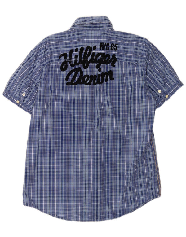 Camicia a maniche corte grafica da uomo Tommy Hilfiger XL in cotone a quadri blu