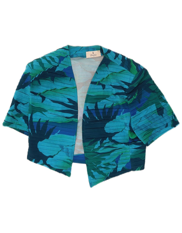 Top cardigan aperto corto da donna vintage UK 10 piccola seta floreale blu