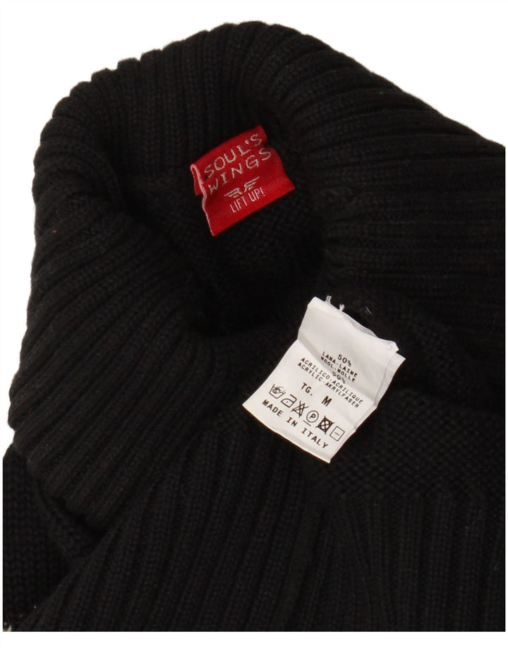 Maglione maglione collo alto vintage da donna con fiocco di neve UK 12 medio nero invernale