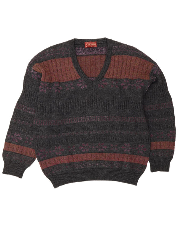 Il Granchio Mens V-Neck Jumper Sweater Large Grey Fair Isle