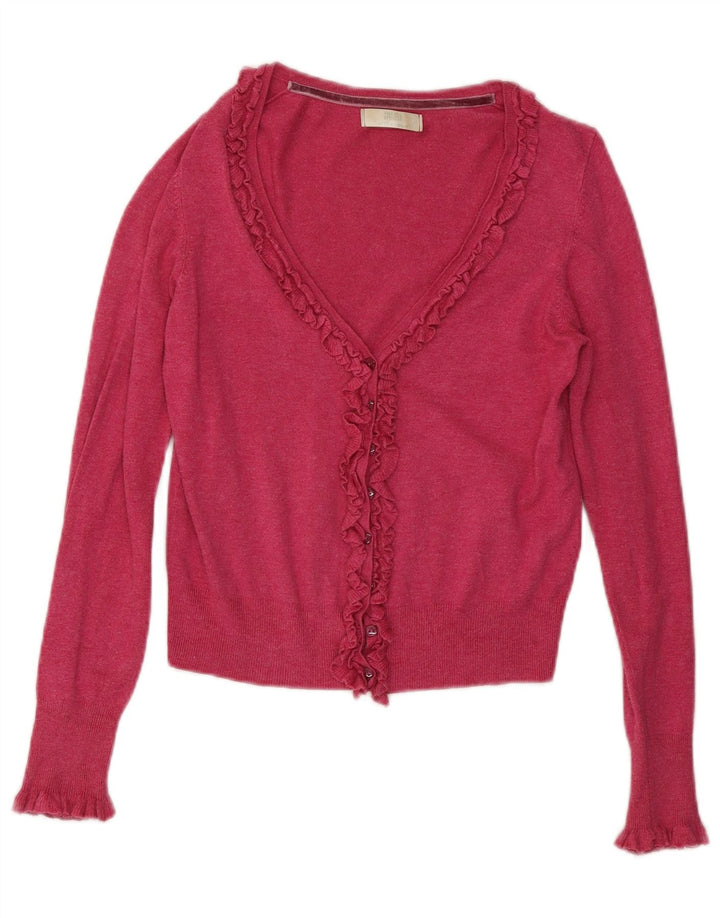 Maglione cardigan sul davanti con volant corto da donna Marks & Spencer UK 8 piccolo rosa