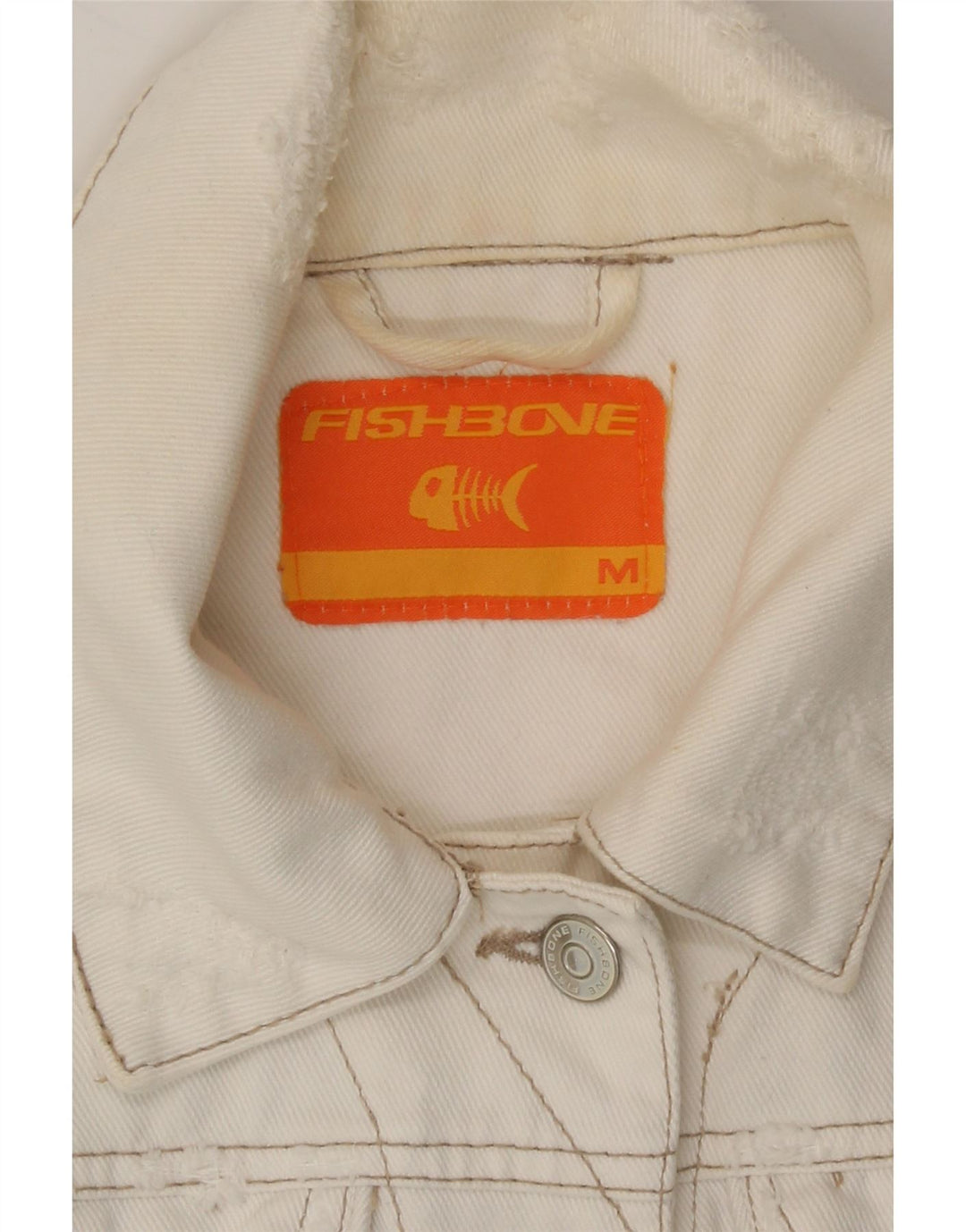 FISHBONE Womens Crop Denim Jacket UK 12 Medium White Vintage Fishbone and Second-Hand Fishbone from Messina Hembry 