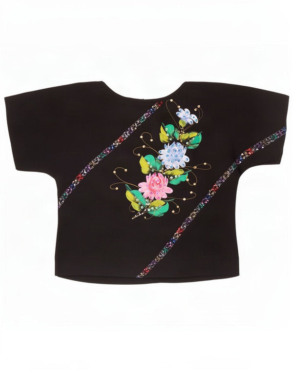 Vintage Womens See Through Crop Blouse Top UK 14 Medium Black Floral