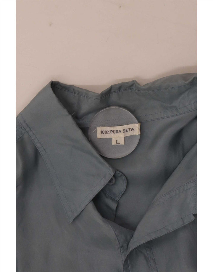 Camicia vintage da uomo a maniche corte grande in seta blu