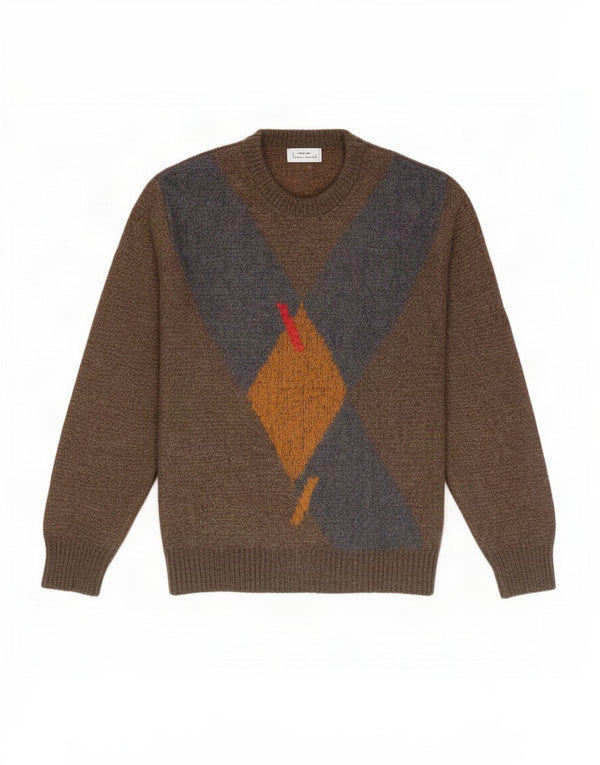 Maglione vintage da uomo girocollo IT 52 grande marrone a rombi/diamante