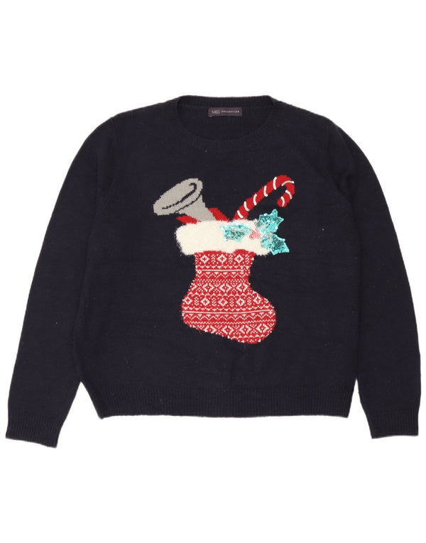 Maglione maglione girocollo da donna Marks & Spencer UK 18 XL Blu navy Natale