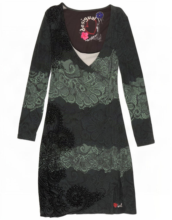 Desigual Abito tubino a maniche lunghe da donna UK 10 Piccolo verde Paisley in viscosa