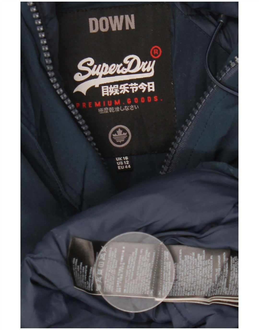 Cappotto imbottito con cappuccio da donna Superdry UK 16 grande poliestere blu navy